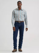 Wrangler Men's Wrinkle Resist Long Sleeve Western Snap Turquoise Plaid Shirt