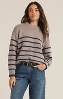 Z Supply Ladies Heather Taupe Boyfriend Stripe Sweater