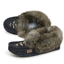 Laurentian Chief Ladies Black Orlon Padded Sole Beaded Coyote Fur Trim Slipper