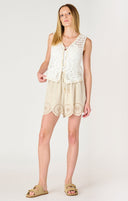Dex Ladies Neutral Linen Eyelet Pull On Shorts