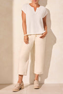 Tribal Ladies White Slit V-Neck Extended Shoulder Sweater