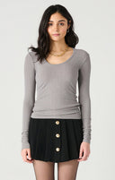 Dex Ladies Dove Grey LS Scoop Neck Ribbed Top