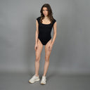 RD Style Ladies Black Tiara Rib Rounded Square Cap Sleeve Bodysuit