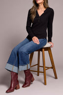 Tribal Ladies Black Henley Top w/Buttons