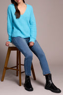 Tribal Ladies Cloud Blue Drop Shoulder V-Neck Sweater