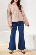 Tribal Ladies Almond Latte Crew Neck Loose Fit Cable Sweater