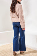 Tribal Ladies Almond Latte Crew Neck Loose Fit Cable Sweater