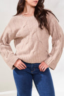 Tribal Ladies Almond Latte Crew Neck Loose Fit Cable Sweater
