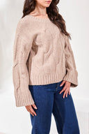 Tribal Ladies Almond Latte Crew Neck Loose Fit Cable Sweater