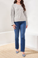 Tribal Ladies Grey Mix Crew Neck Loose Fit Cable Sweater