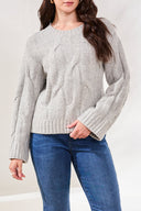 Tribal Ladies Grey Mix Crew Neck Loose Fit Cable Sweater