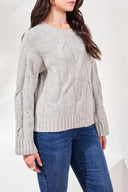 Tribal Ladies Grey Mix Crew Neck Loose Fit Cable Sweater