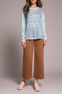 Tribal Ladies Pastel Teal Crew Neck Combo Print Knit Top