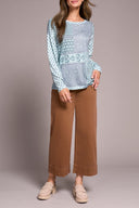 Tribal Ladies Pastel Teal Crew Neck Combo Print Knit Top