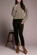 Tribal Ladies Olive Leaf Crew Neck Sweater w/ Puff Sleeve