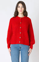 Dex Ladies Candy Red Melange Crewneck Textured Cardigan