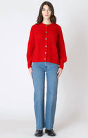 Dex Ladies Candy Red Melange Crewneck Textured Cardigan