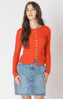 Dex Ladies Candy Red Ribbed Button Front Top