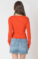 Dex Ladies Candy Red Ribbed Button Front Top