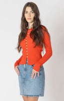 Dex Ladies Candy Red Ribbed Button Front Top