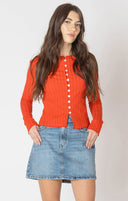 Dex Ladies Candy Red Ribbed Button Front Top