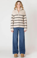 Dex/Room 34 Ladies Oat/Black Stripe Half Zip Longline Sweater