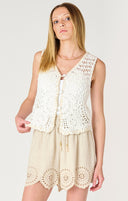 Dex Ladies Off White/Beige SL Button Front Crochet Vest