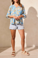 Tribal Ladies Deep Sea Elbow Sleeve Button Front Blouse w/Tape Detail