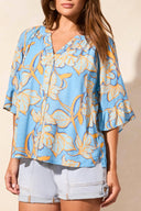 Tribal Ladies Deep Sea Elbow Sleeve Button Front Blouse w/Tape Detail