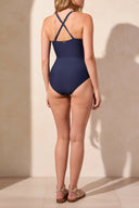 Tribal Ladies Jet Blue Flatten It Wrap Front One Piece Swimsuit