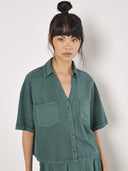 Apricot Ladies Green Open Collar Safari Cropped Slub Shirt