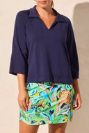 Tribal Ladies Jet Blue 3/4 Sleeve Henley Top w/Side Slits