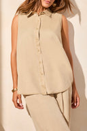 Tribal Ladies Dusty Sand Flowy Sleeveless Button Down Shirt
