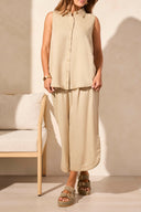 Tribal Ladies Dusty Sand Flowy Sleeveless Button Down Shirt