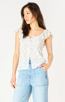 Dex Ladies White/Black Branch Ruffle Sleeve Slit Hem Top