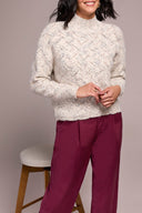 Tribal Ladies Cream Mock Neck Puff Sleeve High Low Sweater