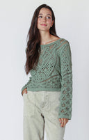 Dex Ladies Sage LS Button Back Crochet Top