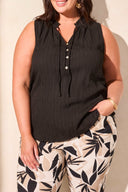 Tribal Ladies Black Size Inclusive Sleeveless Blouse w/Buttons
