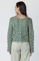 Dex Ladies Sage LS Button Back Crochet Top