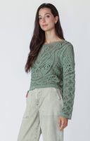 Dex Ladies Sage LS Button Back Crochet Top